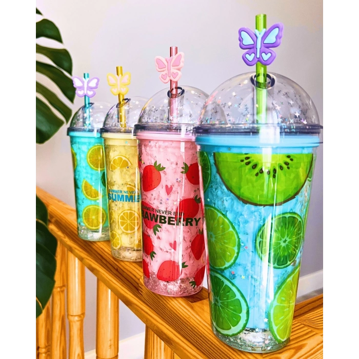 Suluk Pipetli Meyve Görselli Led Işıklı 450 ML Çift Katman Mika Su Şişesi 2096 Kiwi