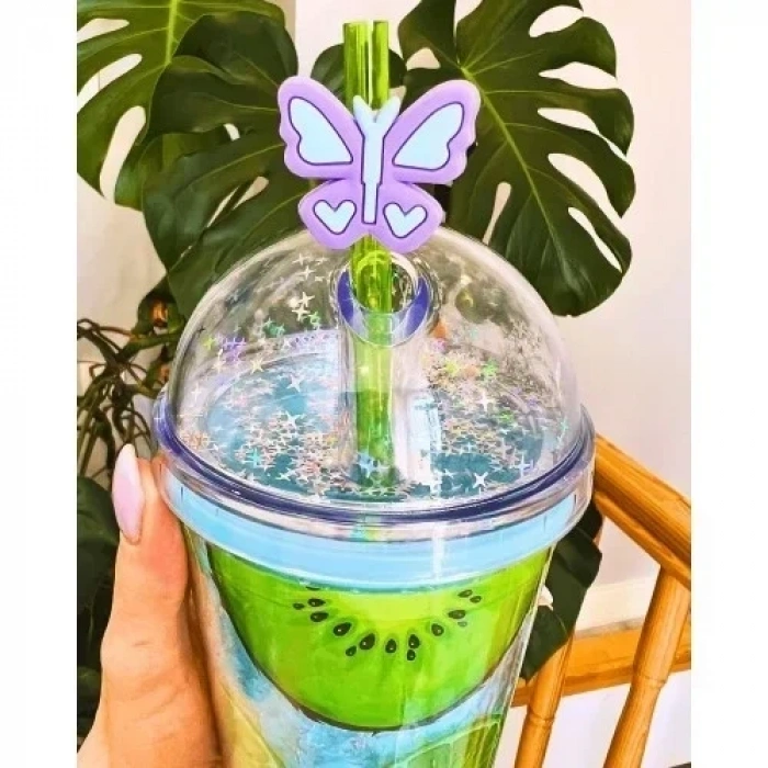 Suluk Pipetli Meyve Görselli Led Işıklı 450 ML Çift Katman Mika Su Şişesi 2096 Kiwi