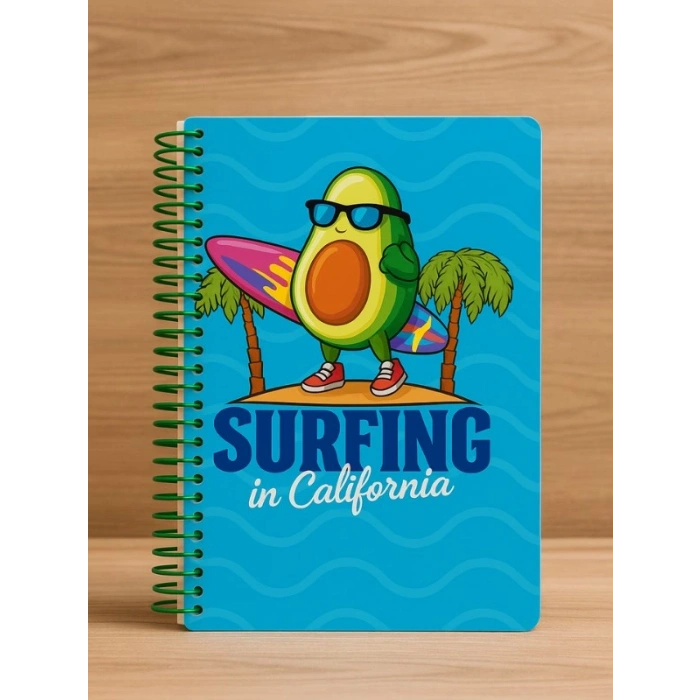 Surfing in California Temalı Spiralli Çizgili Defter – 80 Yaprak, 160 Sayfa (18 x 24 cm)