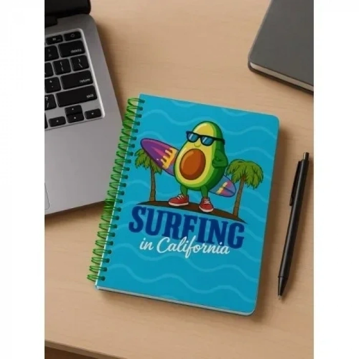 Surfing in California Temalı Spiralli Kareli Defter – 80 Yaprak, 160 Sayfa (18 x 24 cm)