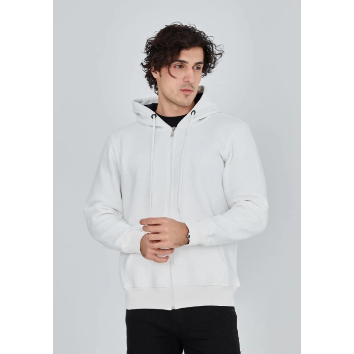 Tam Fermuarlı Kapşonlu  SweatShirt - Beyaz -