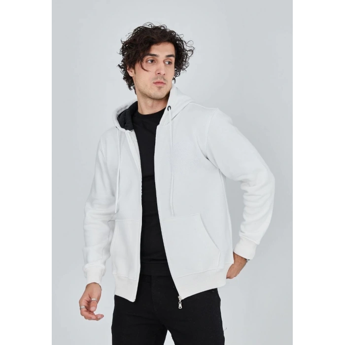 Tam Fermuarlı Kapşonlu  SweatShirt - Beyaz -