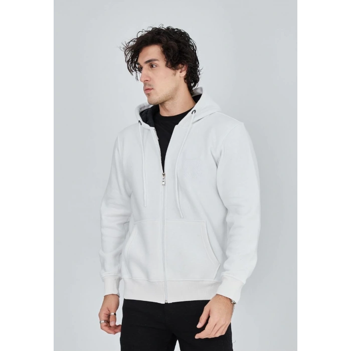Tam Fermuarlı Kapşonlu  SweatShirt - Beyaz -