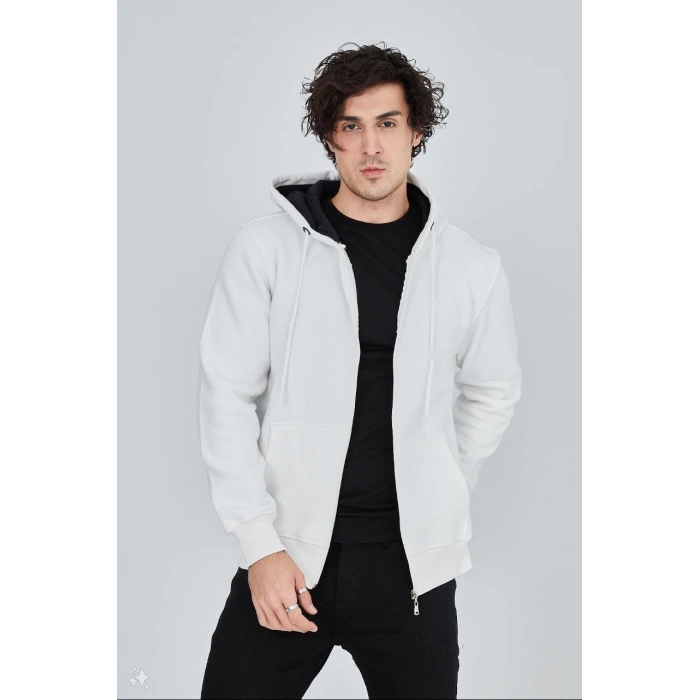 Tam Fermuarlı Kapşonlu  SweatShirt - Beyaz -
