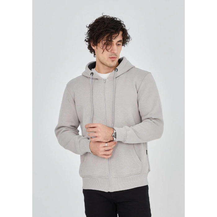 Tam Fermuarlı Kapşonlu  SweatShirt - Boyalı Gri