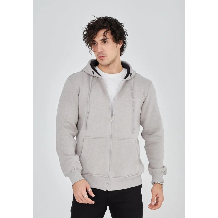 Tam Fermuarlı Kapşonlu  SweatShirt - Boyalı Gri