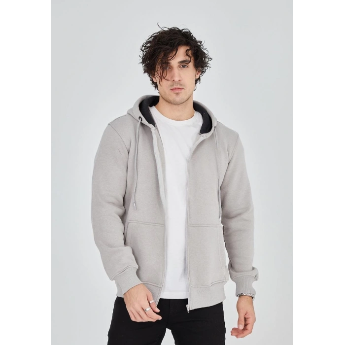 Tam Fermuarlı Kapşonlu  SweatShirt - Boyalı Gri