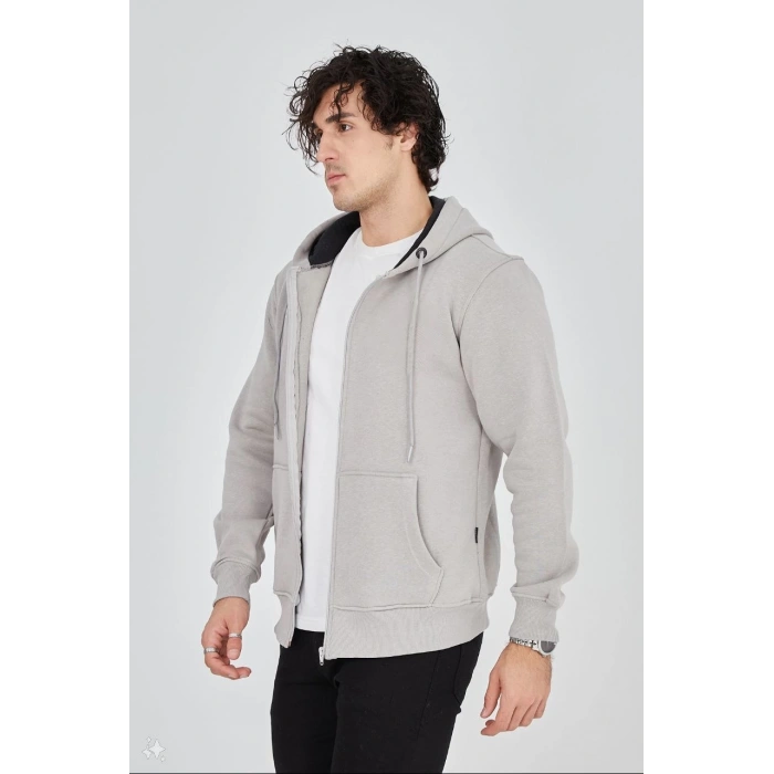 Tam Fermuarlı Kapşonlu  SweatShirt - Boyalı Gri