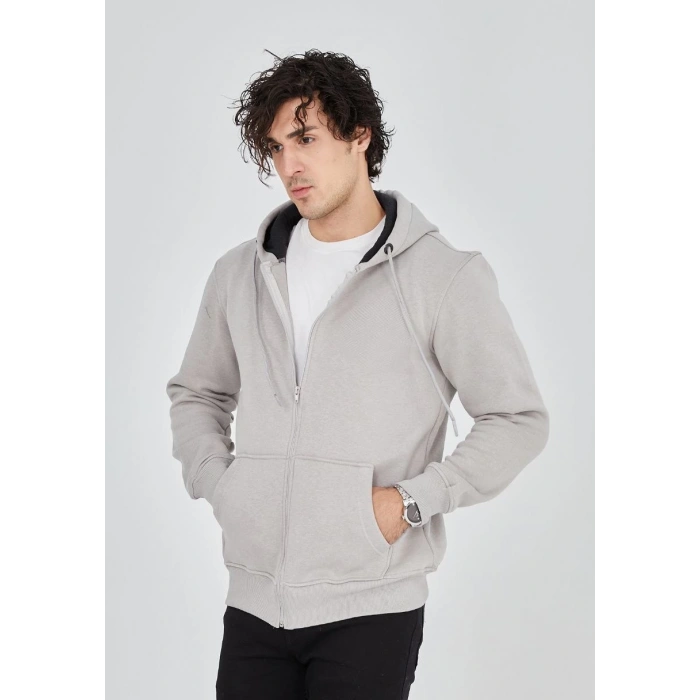 Tam Fermuarlı Kapşonlu  SweatShirt - Boyalı Gri