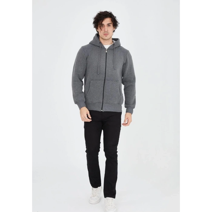 Tam Fermuarlı Kapşonlu  SweatShirt - Füme -