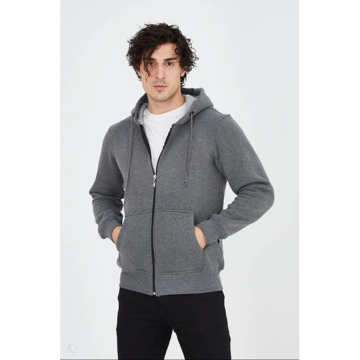 Tam Fermuarlı Kapşonlu  SweatShirt - Füme -
