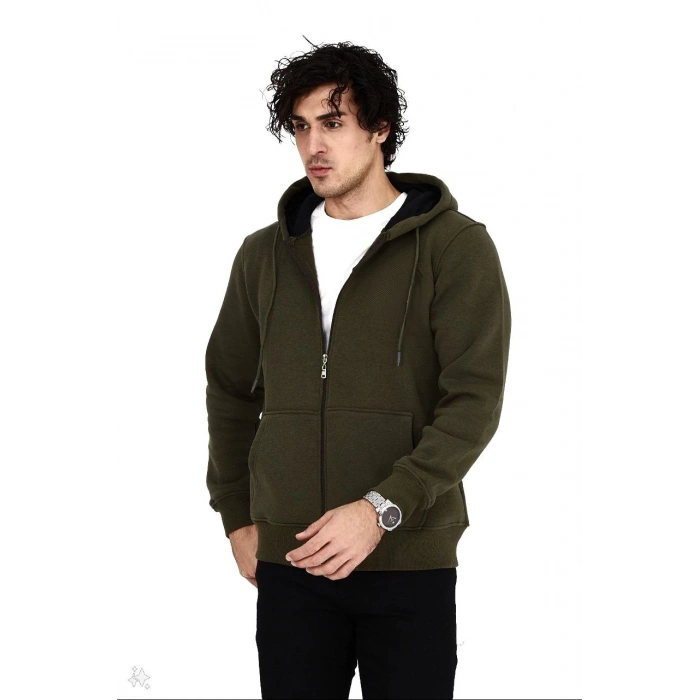 Tam Fermuarlı Kapşonlu  SweatShirt - Haki -