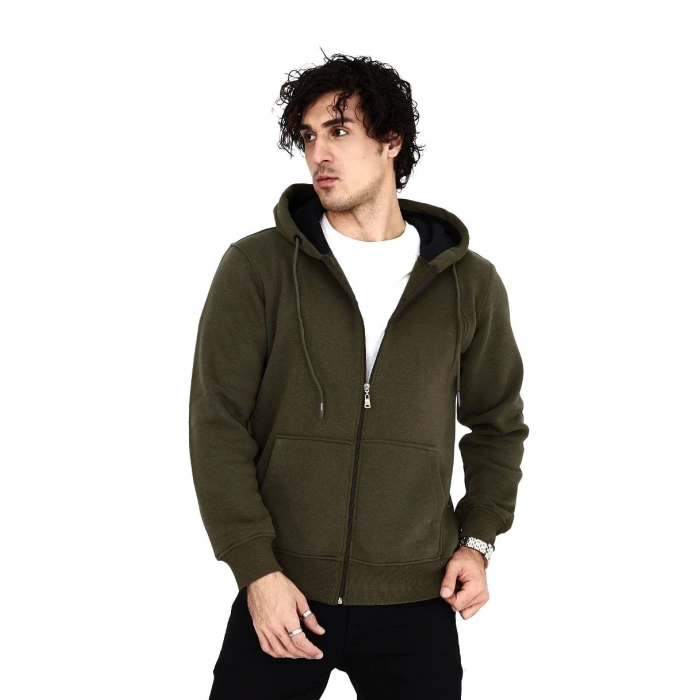 Tam Fermuarlı Kapşonlu  SweatShirt - Haki -