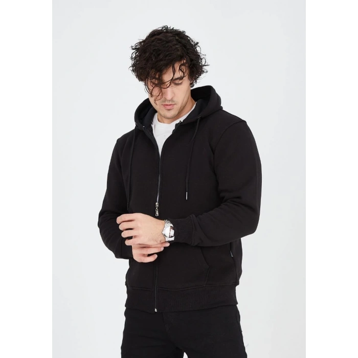 Tam Fermuarlı Kapşonlu  SweatShirt - Siyah -