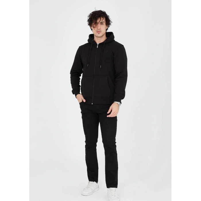Tam Fermuarlı Kapşonlu  SweatShirt - Siyah -