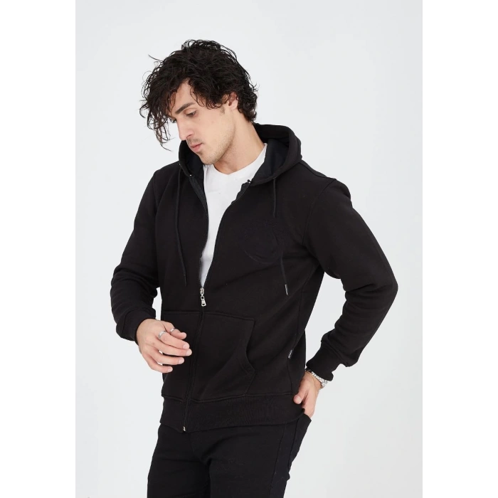 Tam Fermuarlı Kapşonlu  SweatShirt - Siyah -