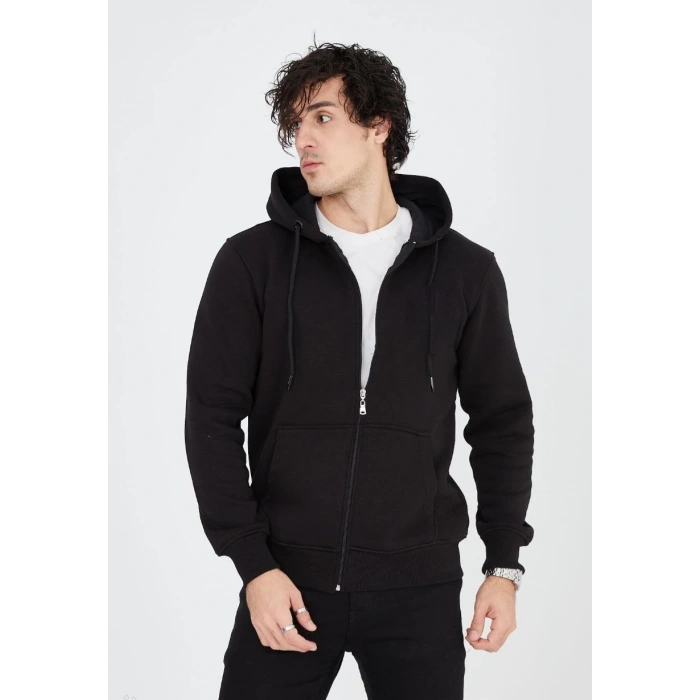 Tam Fermuarlı Kapşonlu  SweatShirt - Siyah -