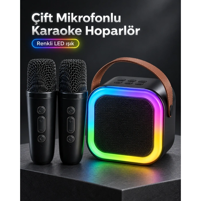 Taşıma Askılı Siyah Led Işıklı Bluetooth Hoparlör Çift Mikrofonlu Karaoke Seti