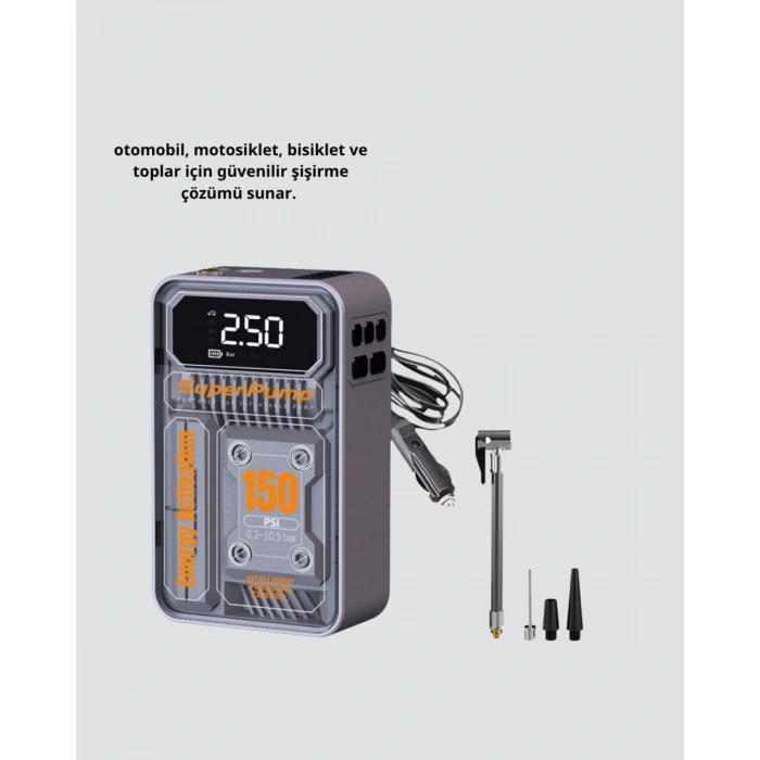 Taşınabilir Kablosuz Hava Pompası – 150 Psı Güçlü Basınç Ve 6000mah Şarjlı