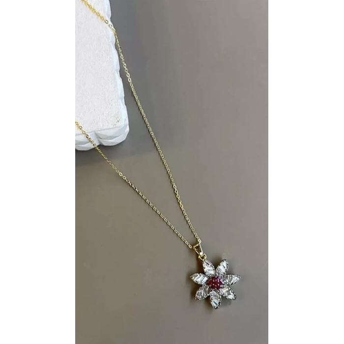 Taşlı Çiçek Kolye - Altın