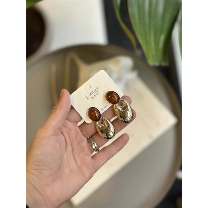 Taşlı Küpe - Kahverengi