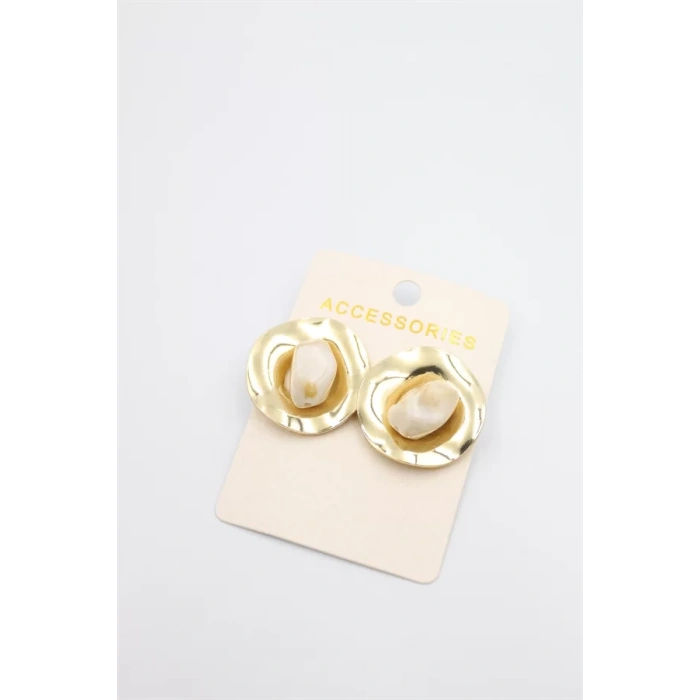 Taşlı Metal Küpe - Krem