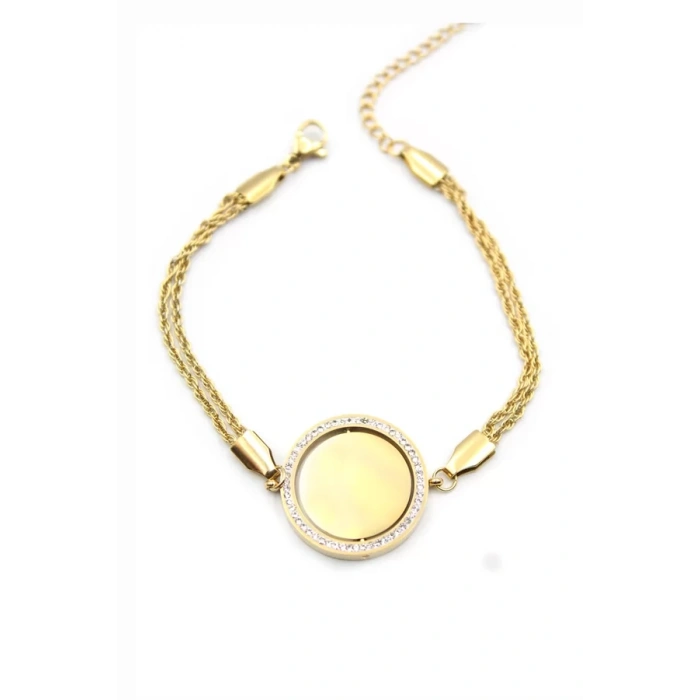 Taşlı Plaka Bileklik - Altın