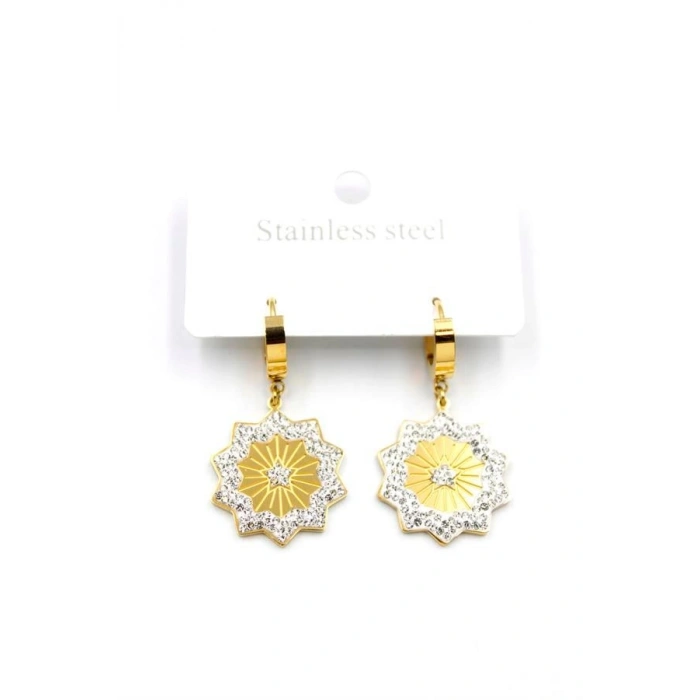 Taşlı Yıldız Çelik Halka Küpe - Altın