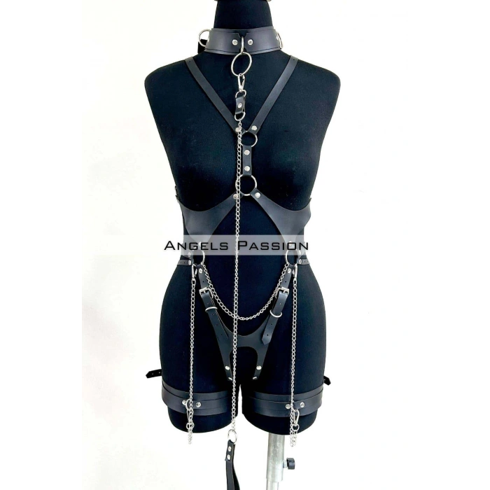 Tasma Ve Zincir Detaylı Şık Deri Harness, Deri Fantezi Giyim- Brf1225