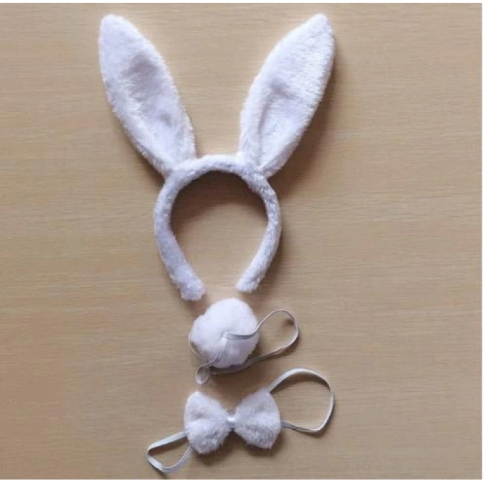 Tavşan Kostüm Seti Taç Papyon Kuyruk Beyaz Renk (4887)