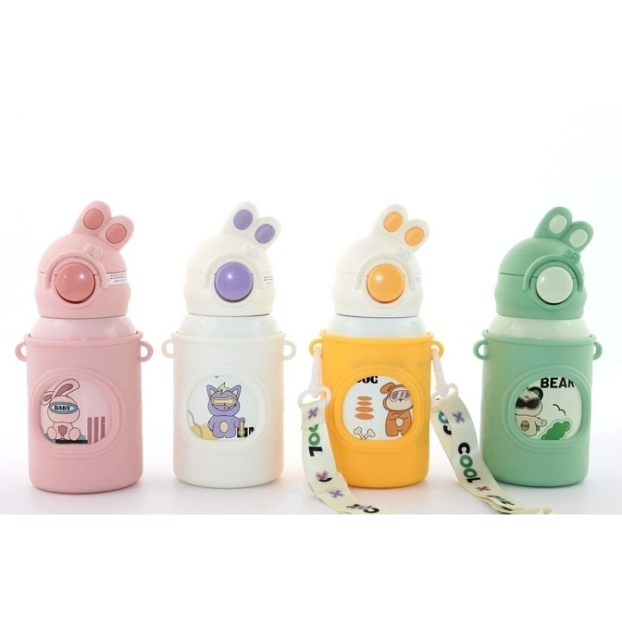 Tavşan Kulaklı Pipetli Çocuk Termosu - 500 Ml Paslanmaz Çelik Suluk Alk2309