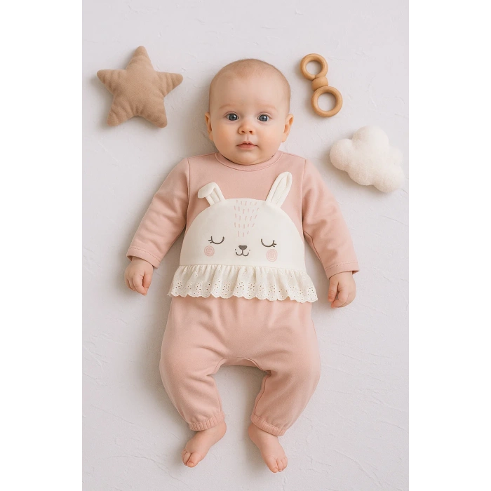 Tavşan Nakışlı Güpürlü % 100 Pamuk Kız Bebek Tulum