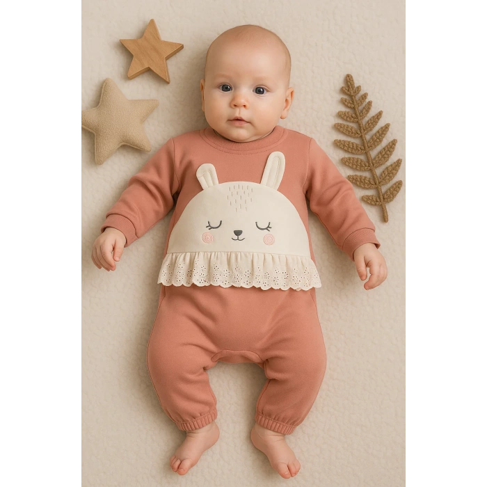 Tavşan Nakışlı Güpürlü % 100 Pamuk Kız Bebek Tulum