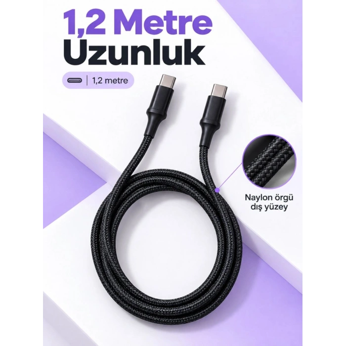 Telefon Ve Tablet İçin Type C To Type C Örgülü Şarj Kablosu
