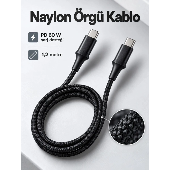 Telefon Ve Tablet İçin Type C To Type C Örgülü Şarj Kablosu