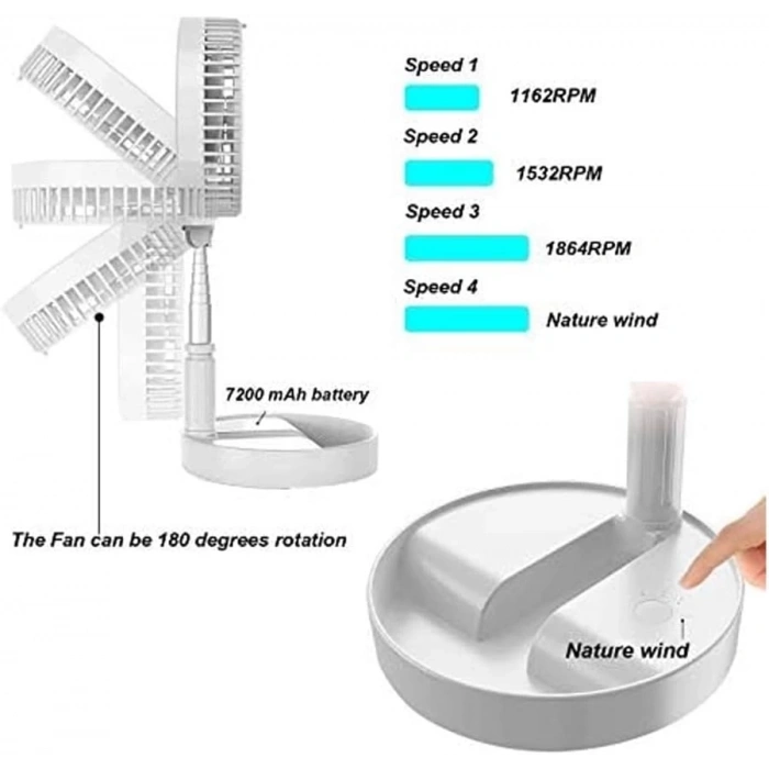 Teleskopik Fan Vantilatör 4 Modlu Şarjlı Katlanabilir Yükseltilebilir Taşınabilir Serinletici Portatif Masa Vantilatörü