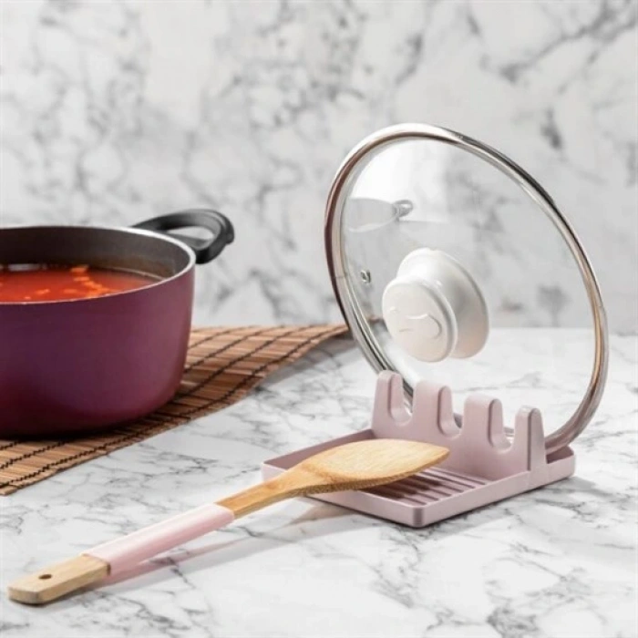 Tencere Kapak Tutuculu Kaşıklıklı Tencere Kapak Standı Pratik Kaşık Kepçe Altlık Düzenleyici (4887)