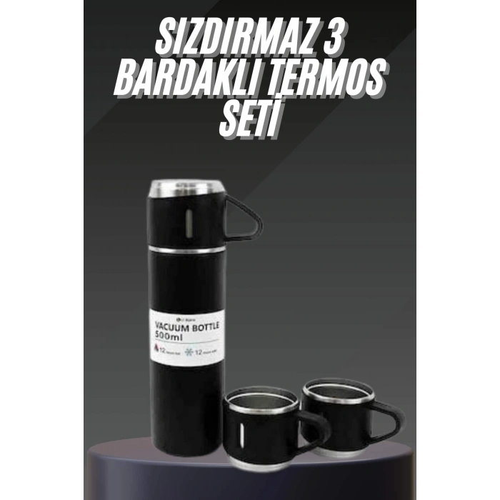 Termos Seti Paslanmaz Çelik 3 Bardaklı Vakumlu Termos Set 500 Ml 12 Saate Kadar Isı Koruma