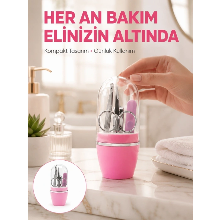 Tırnak Bakım Manikür Pedikür Seti 4 Parça Pembe Pratik Günlük Kullanım Yeni Nesil