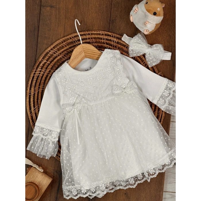 Tokalı Pamuklu Yüksek Kalite Organik Dantelli Kız Bebek Elbise