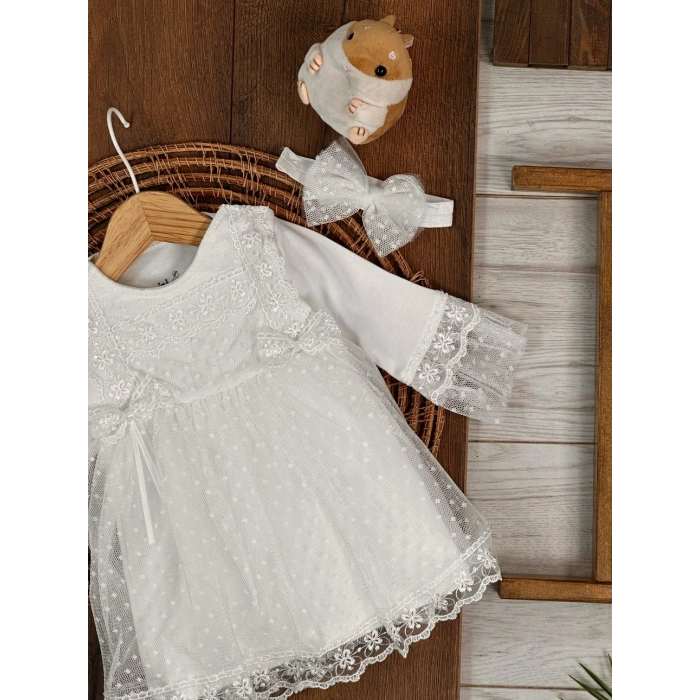 Tokalı Pamuklu Yüksek Kalite Organik Dantelli Kız Bebek Elbise