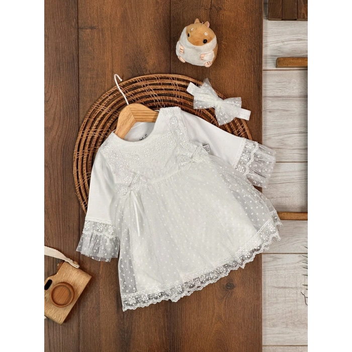 Tokalı Pamuklu Yüksek Kalite Organik Dantelli Kız Bebek Elbise