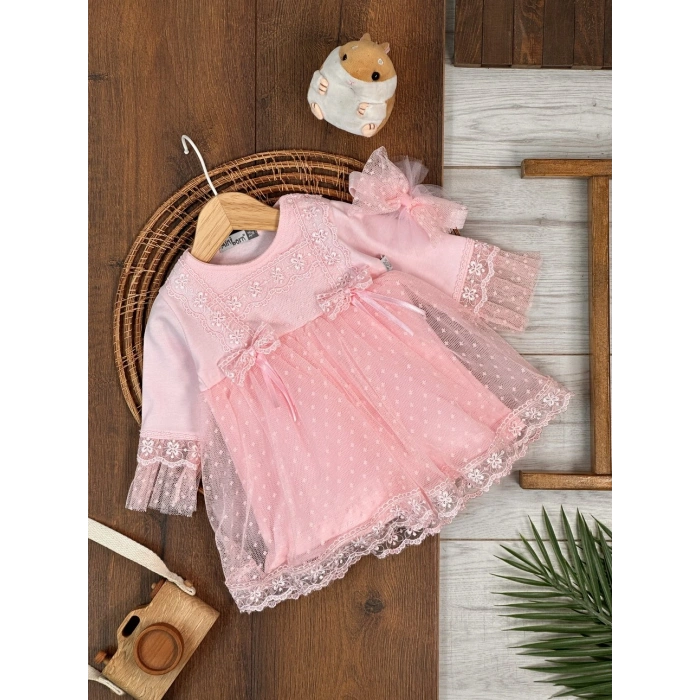 Tokalı Pamuklu Yüksek Kalite Organik Dantelli Kız Bebek Elbise