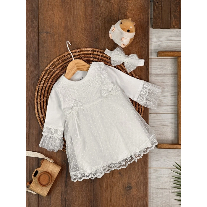Tokalı Pamuklu Yüksek Kalite Organik Dantelli Kız Bebek Elbise
