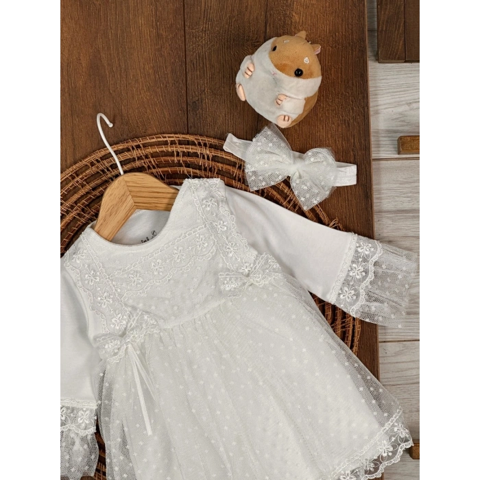 Tokalı Pamuklu Yüksek Kalite Organik Dantelli Kız Bebek Elbise