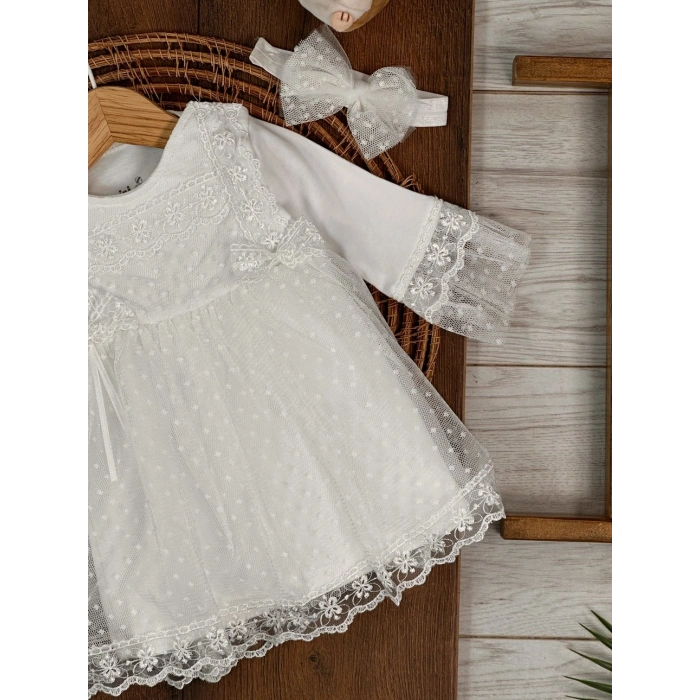 Tokalı Pamuklu Yüksek Kalite Organik Dantelli Kız Bebek Elbise