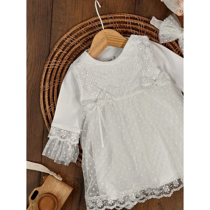 Tokalı Pamuklu Yüksek Kalite Organik Dantelli Kız Bebek Elbise