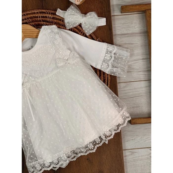 Tokalı Pamuklu Yüksek Kalite Organik Dantelli Kız Bebek Elbise