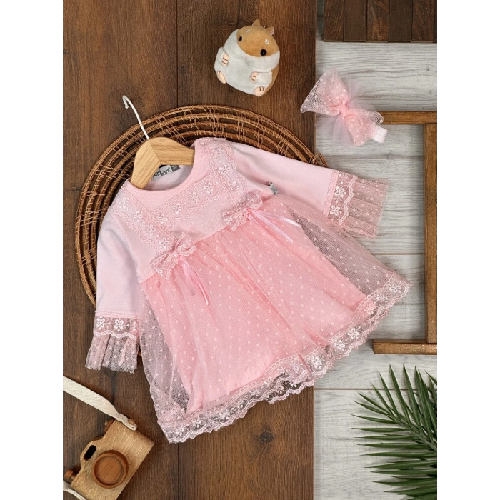 Tokalı Pamuklu Yüksek Kalite Organik Dantelli Kız Bebek Elbise