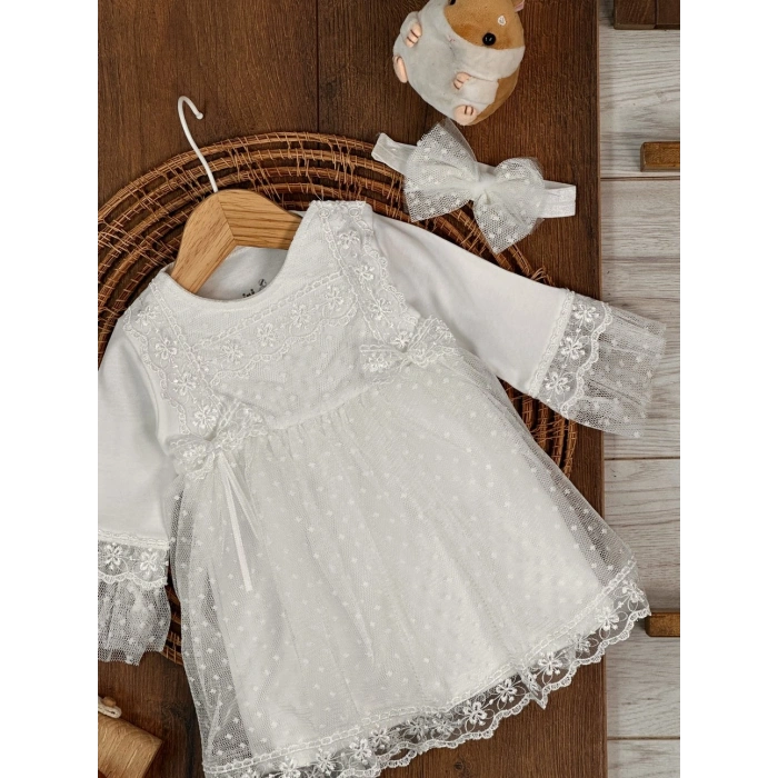 Tokalı Pamuklu Yüksek Kalite Organik Dantelli Kız Bebek Elbise